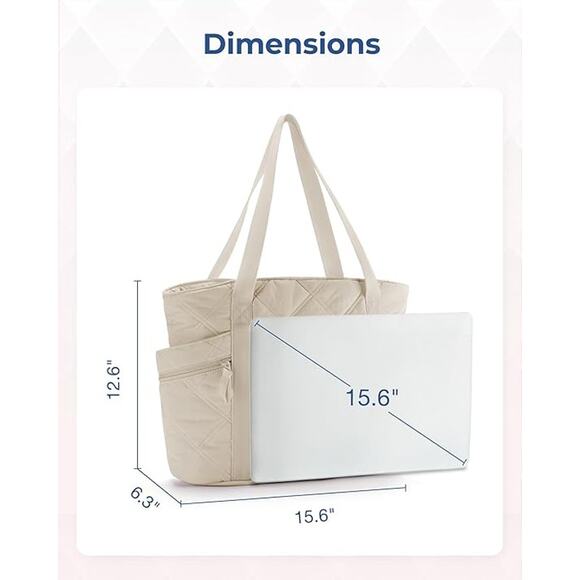 Cream Quilted Nylon Laptop Tote – Lightweight Everyday Shoulder Bag Zip Pockets - Picture 2 of 5
